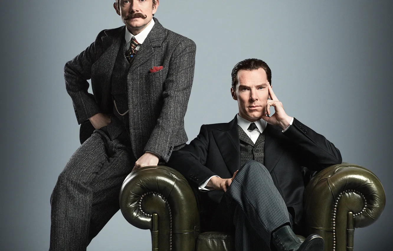Photo wallpaper background, chair, Sherlock Holmes, Martin Freeman, Benedict Cumberbatch, Benedict Cumberbatch, Sherlock, Sherlock