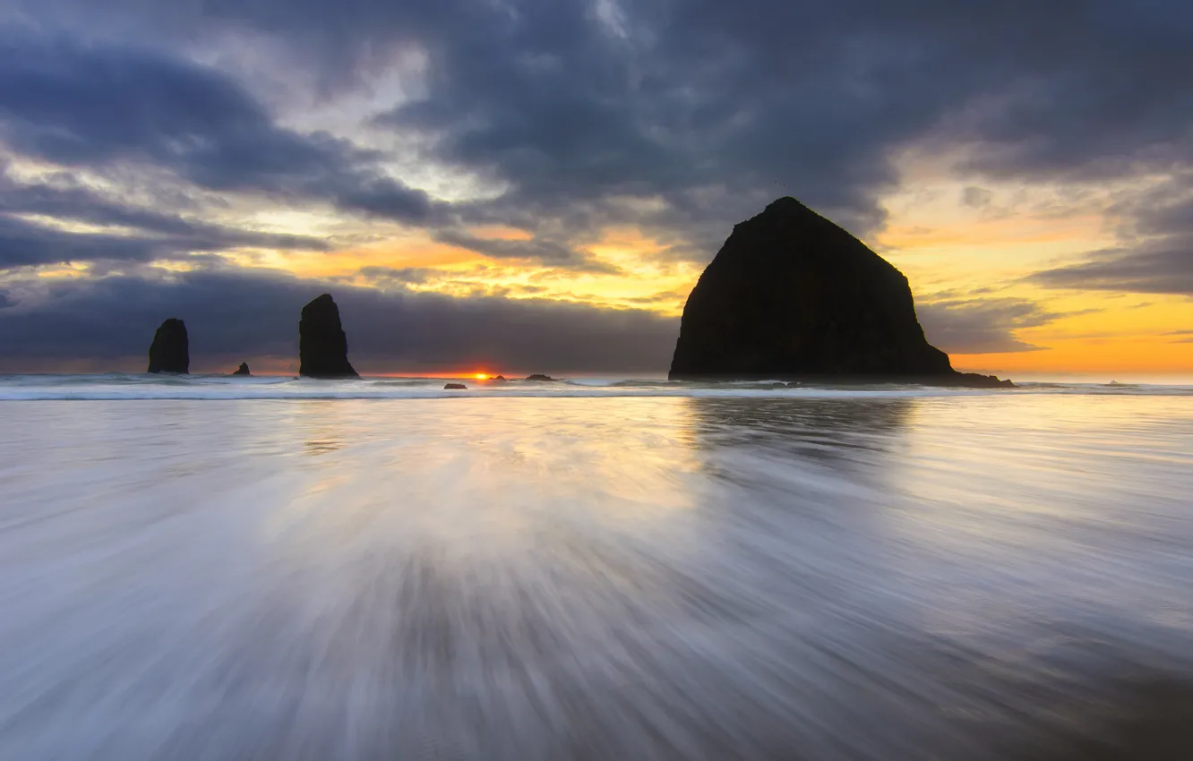 Photo wallpaper beach, the sky, the sun, sunset, clouds, the ocean, rocks, shore