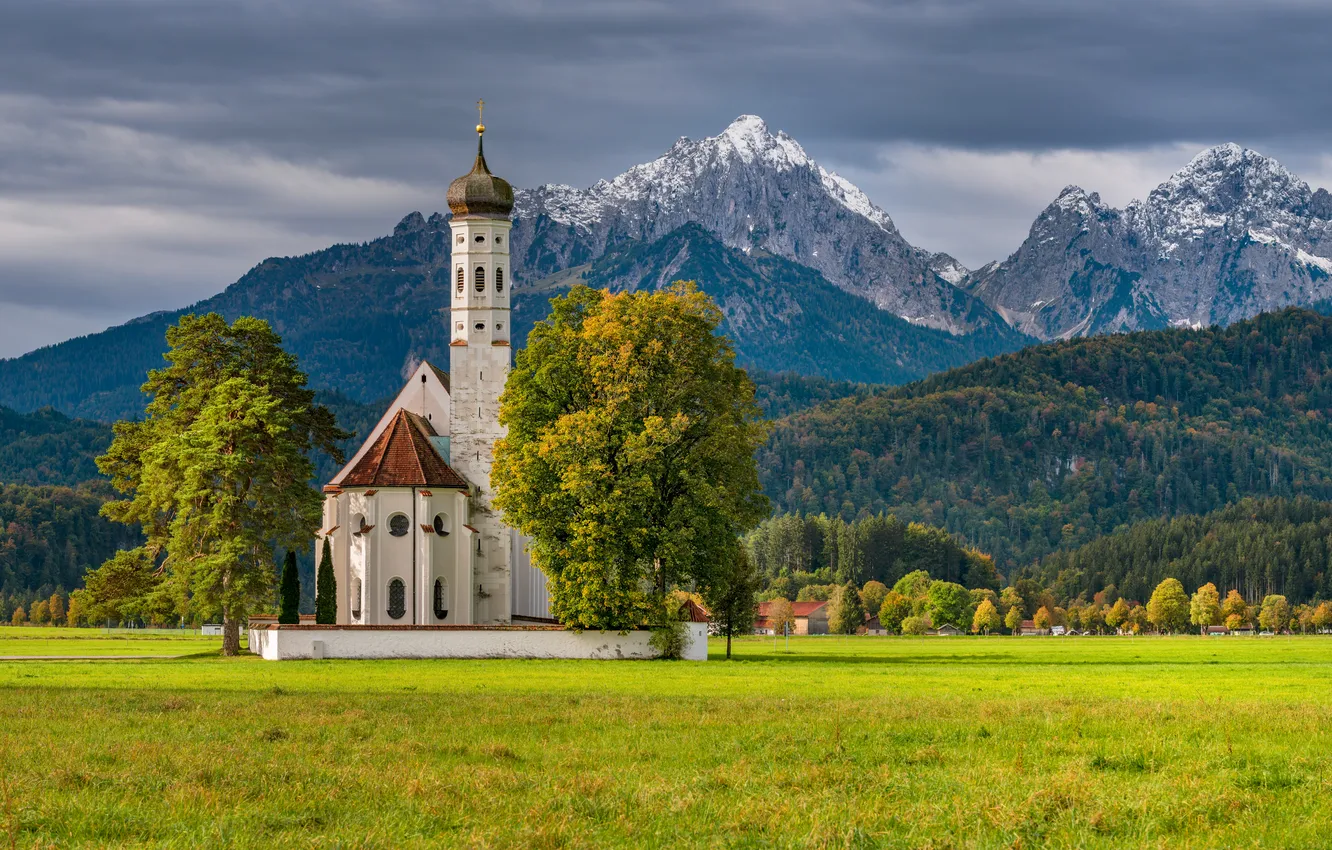 Photo wallpaper autumn, forest, trees, mountains, Germany, Bayern, Alps, Church