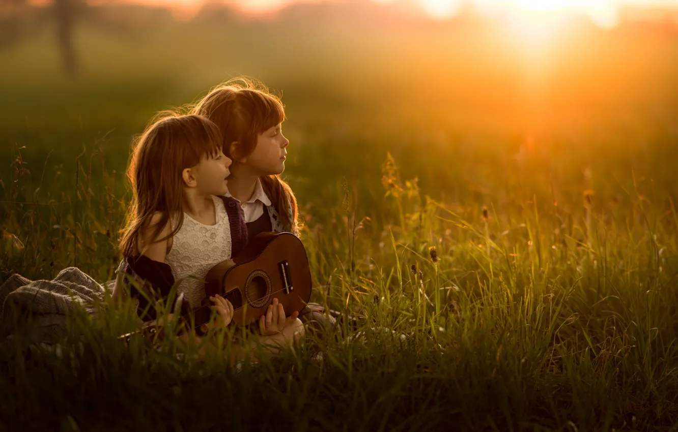 Photo wallpaper field, children, guitar, girl, summer songs