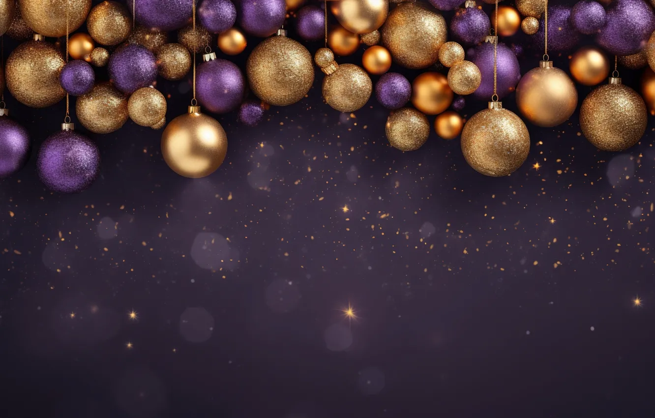 Photo wallpaper purple, decoration, background, balls, new year, Christmas, golden, Christmas