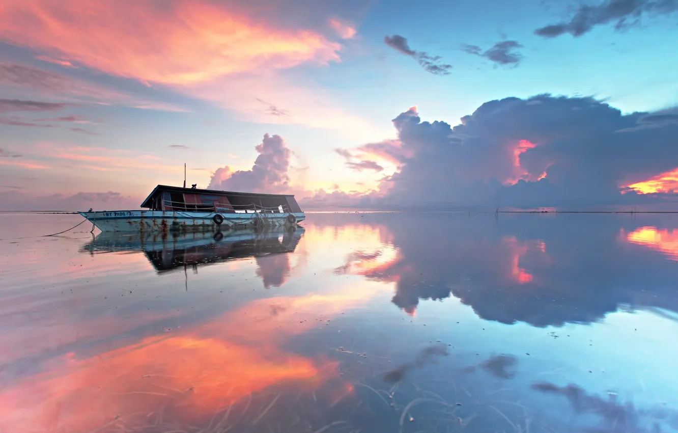 Photo wallpaper sea, landscape, sunset, ship