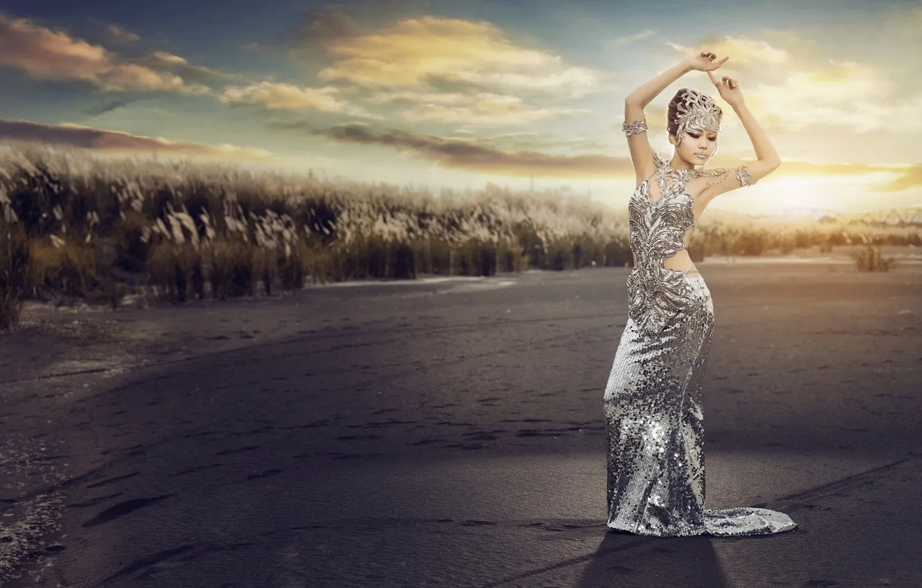Photo wallpaper sunset, pose, figure, dress, outfit, Asian