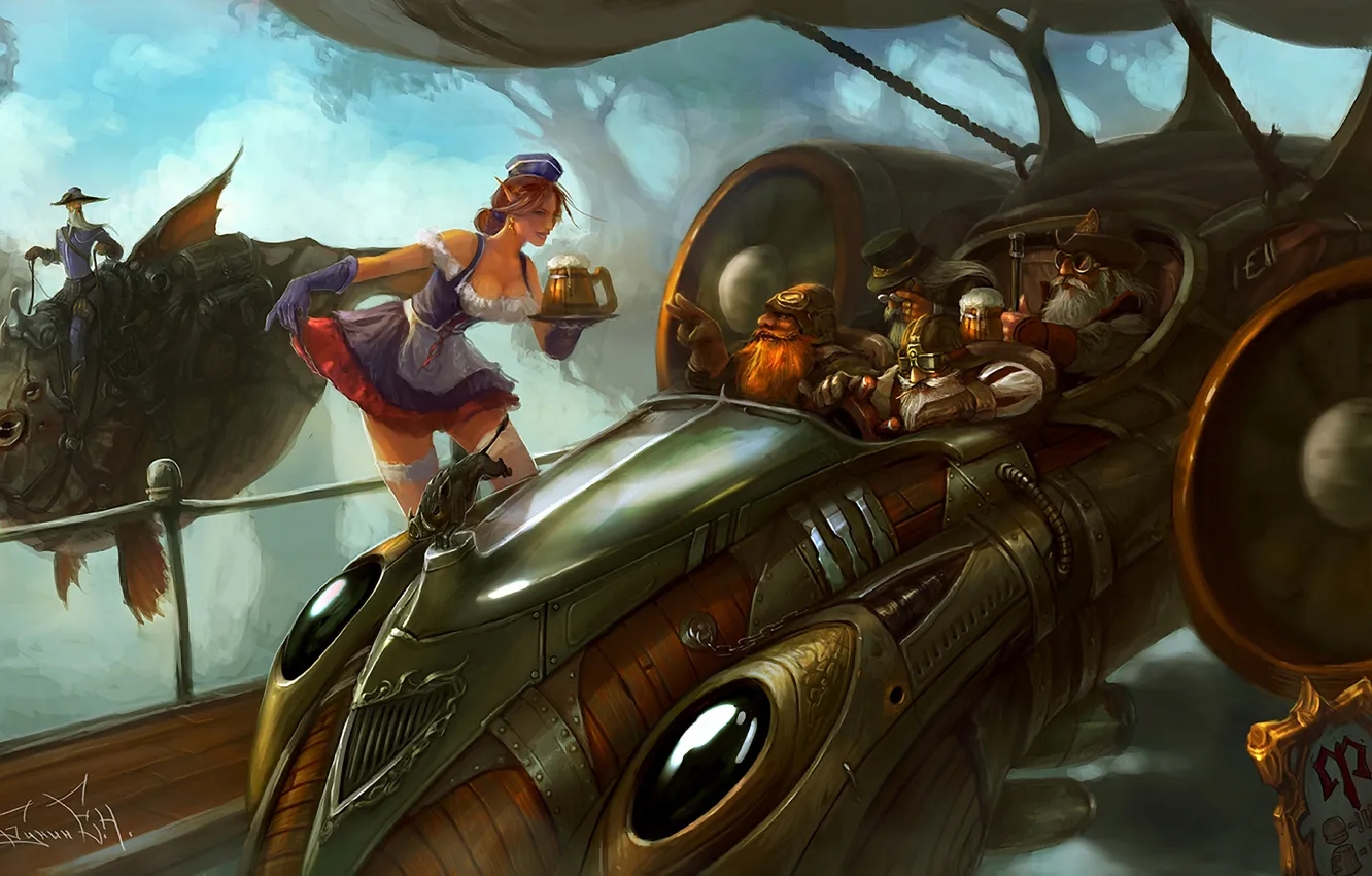 Photo wallpaper beer, art, steampunk, elf, the waitress, dwarf, aircraft