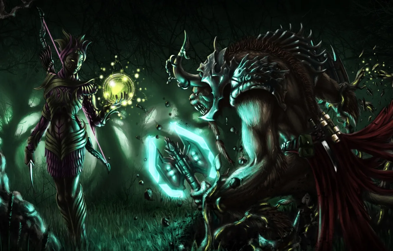 Photo wallpaper forest, night, magic, monster, bow, art, knife, battle