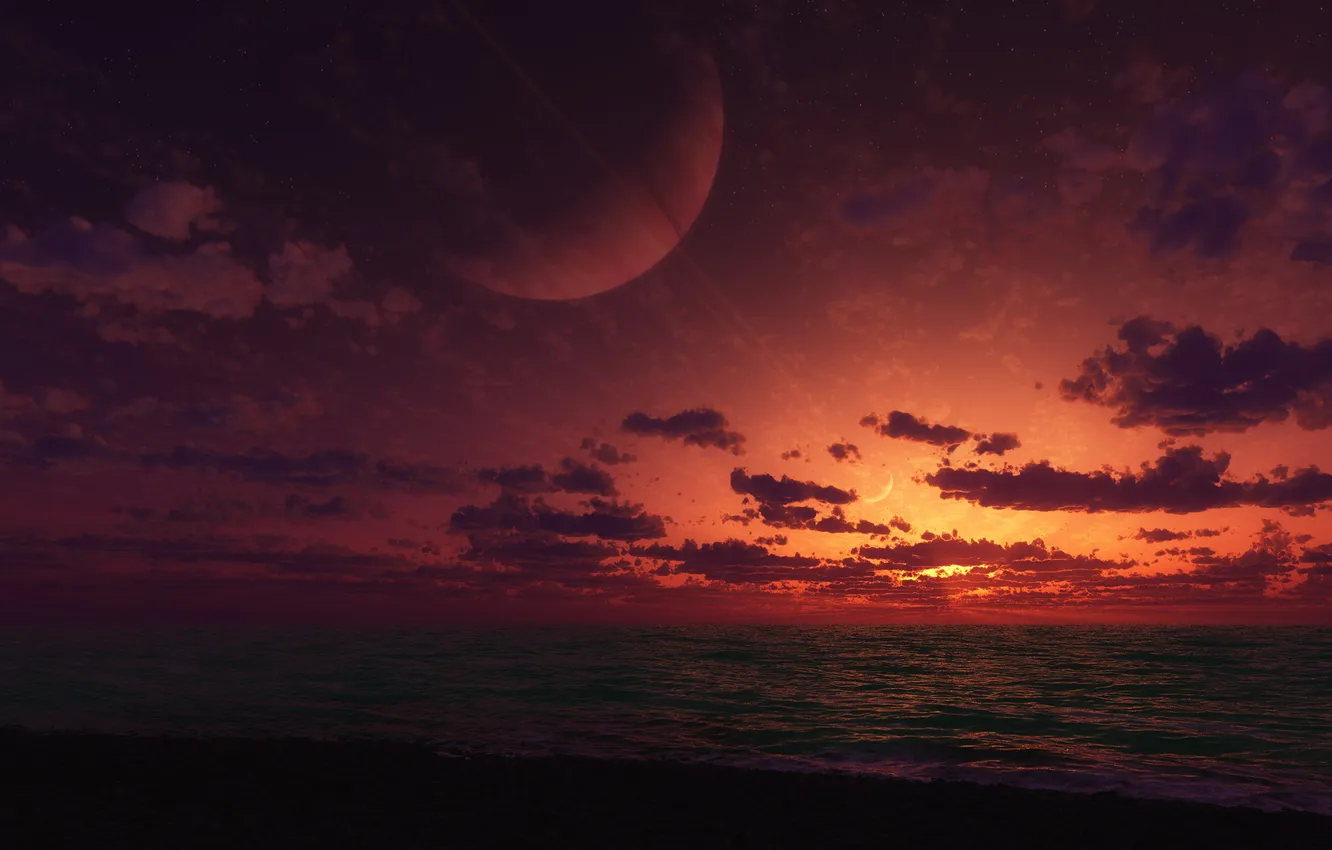 Photo wallpaper sea, sunset, planet