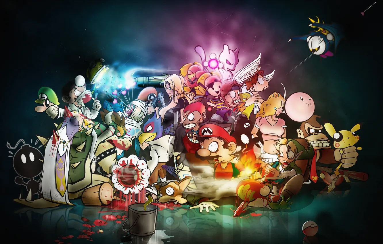 Photo wallpaper flowers, dragon, monster, hero, Mario, super, The pun