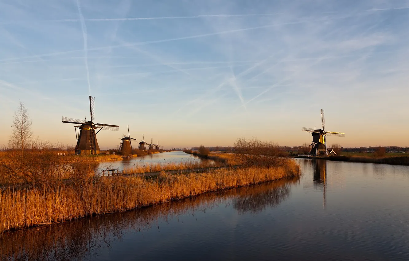 Photo wallpaper autumn, morning, mill, channel, Holland