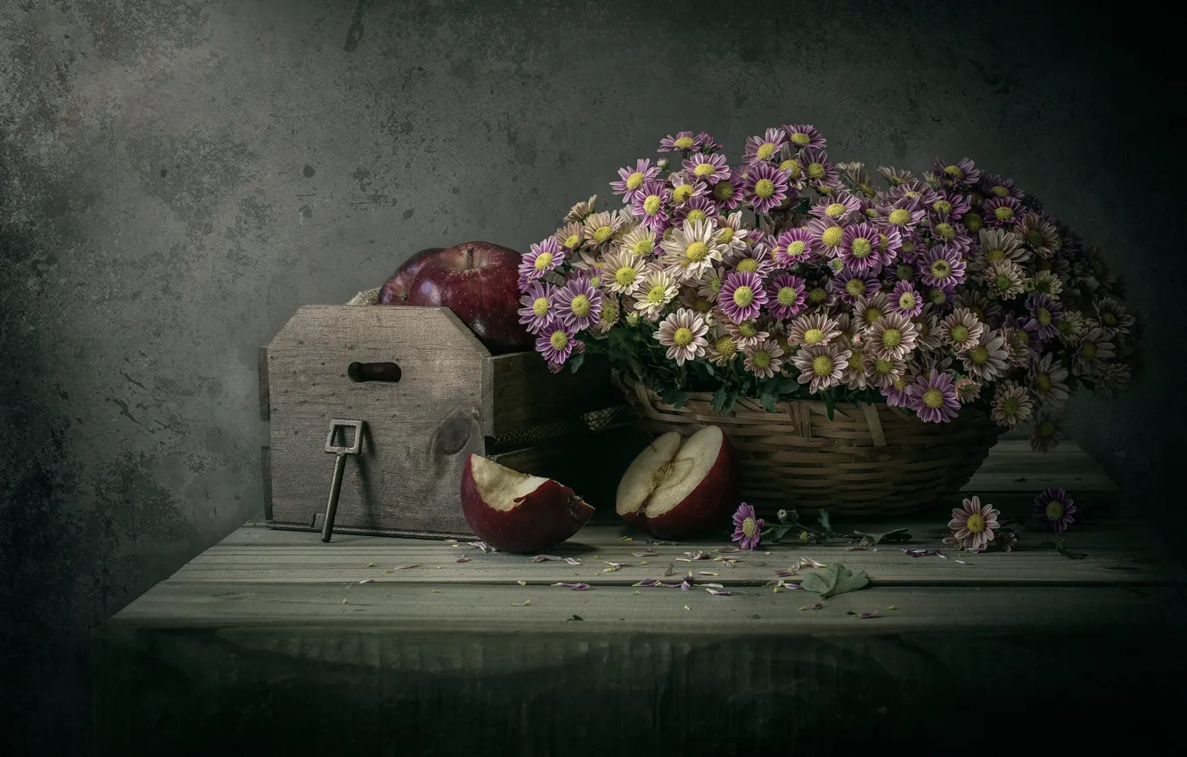 Photo wallpaper flowers, apples, bouquet, key, still life