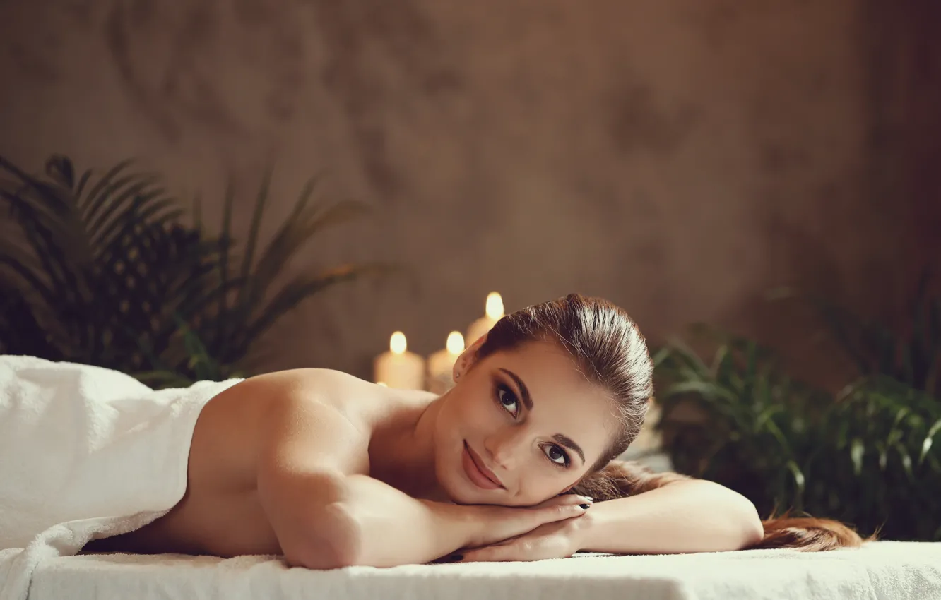 Photo wallpaper girl, candles, lies, Spa