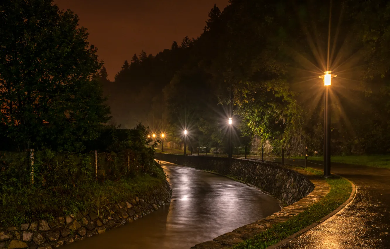 Photo wallpaper road, trees, night, lights, lights, channel, Croatia, water