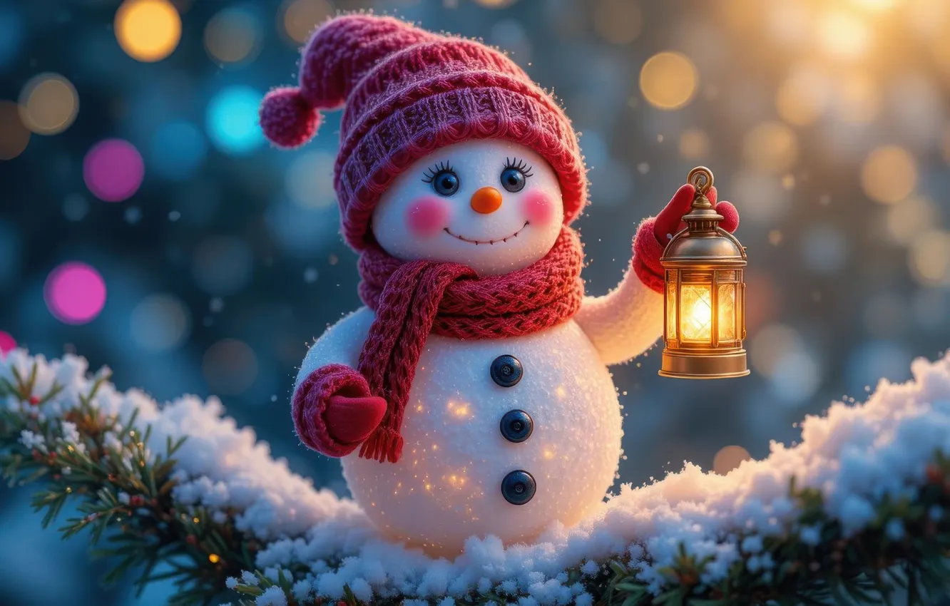 Photo wallpaper winter, light, snow, lights, smile, hat, new year, the evening