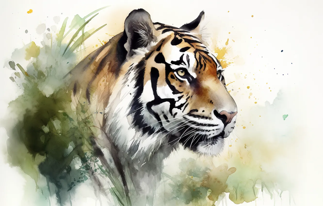 Photo wallpaper look, nature, tiger, picture, watercolor, painting, imitation of watercolor, imitation painting