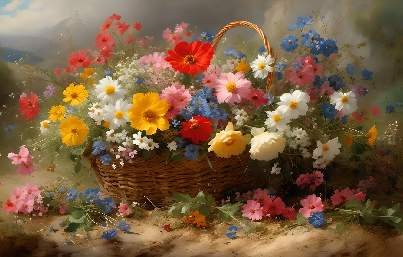 Photo wallpaper flowers, blue, yellow, red, figure, chamomile, beauty, bouquet