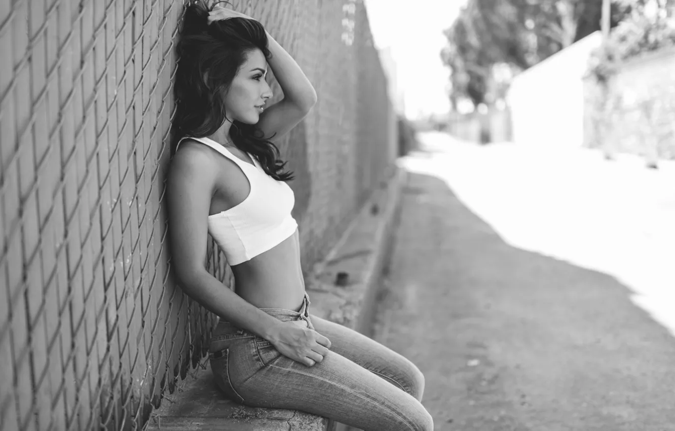 Photo wallpaper road, pose, street, model, jeans, figure, black and white, profile