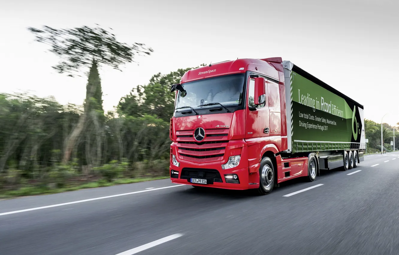 Photo wallpaper road, red, markup, vegetation, Mercedes-Benz, tractor, 4x2, Actros