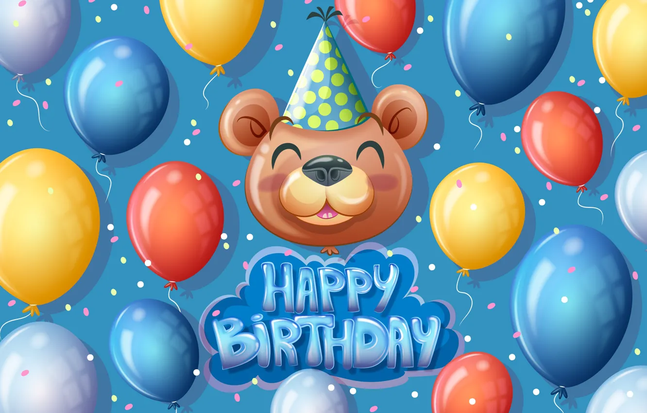 Photo wallpaper blue, yellow, red, smile, birthday, the inscription, balls, muzzle