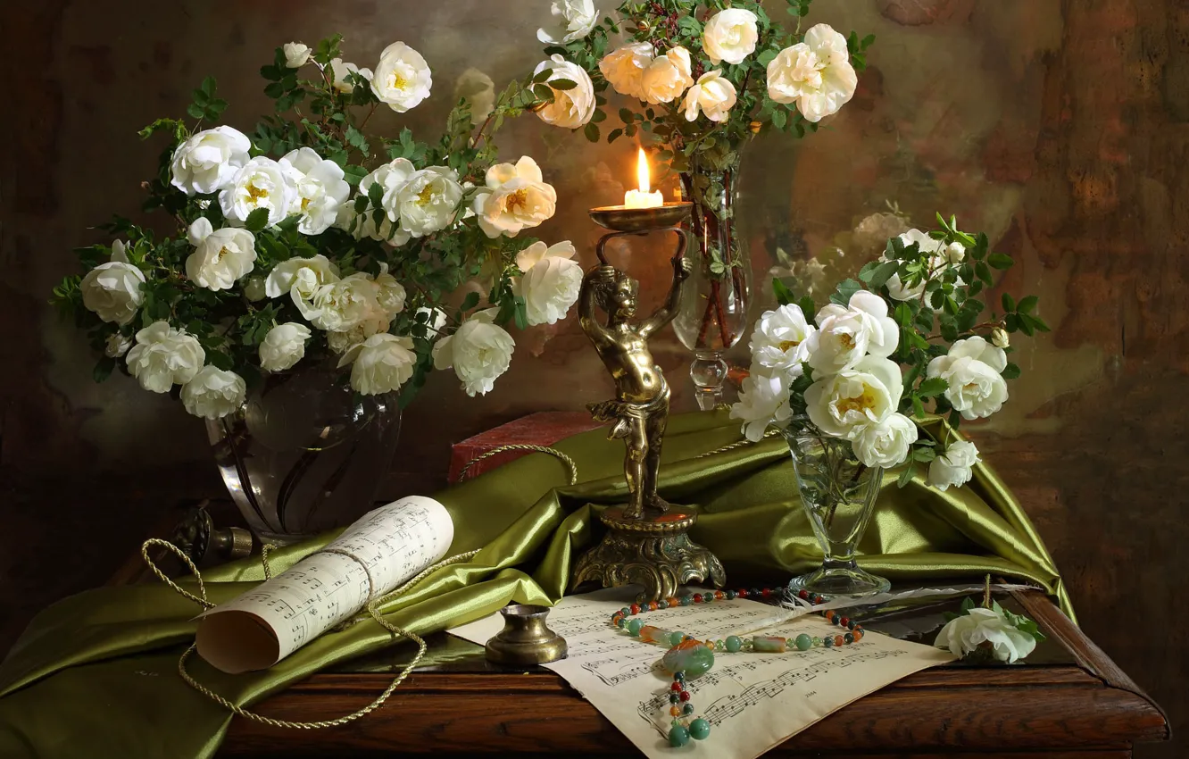 Photo wallpaper notes, roses, candles, necklace, still life, scroll, ink