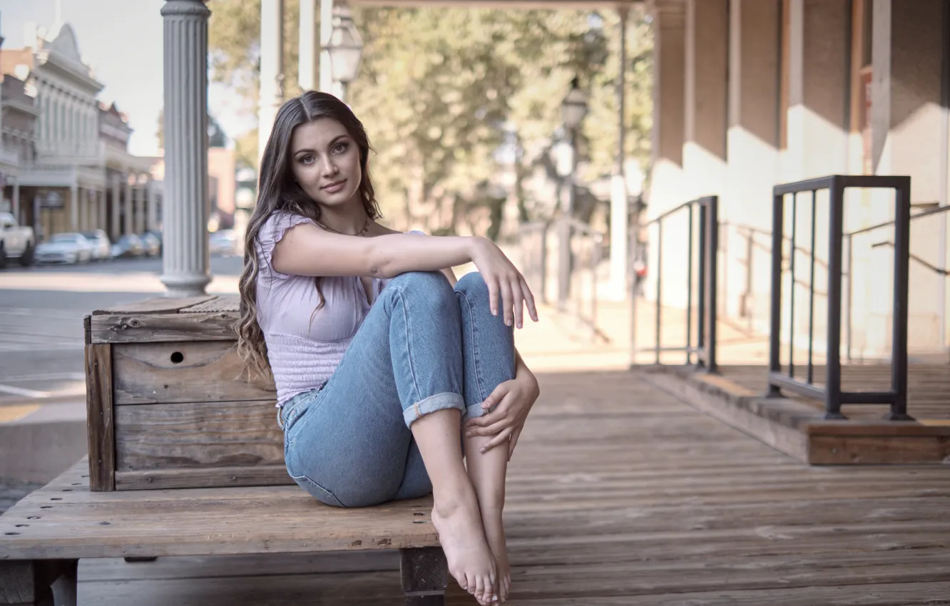 Photo wallpaper look, girl, jeans, legs, Riley