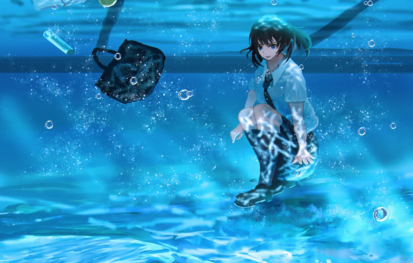 Photo wallpaper schoolgirl, bag, under water