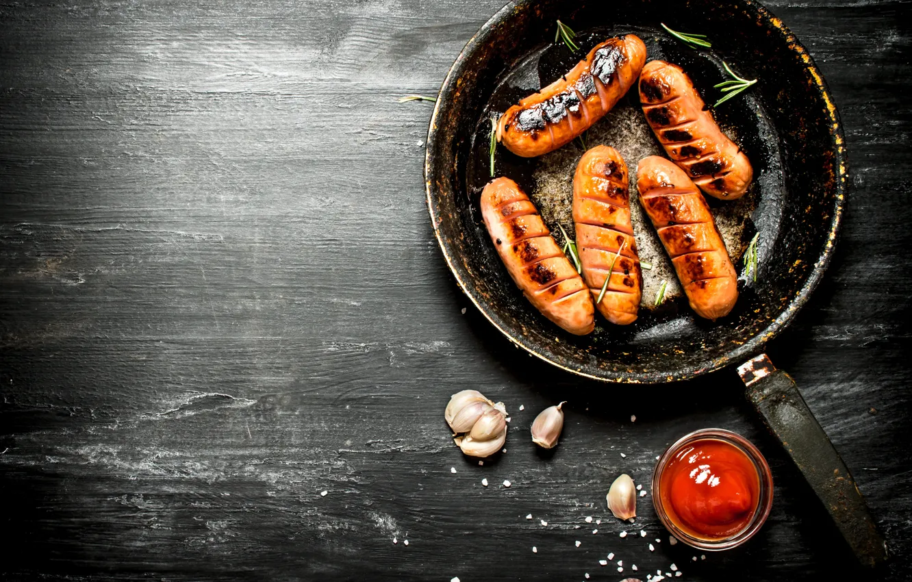 Photo wallpaper table, food, sauce, grill, spices, sausages, sausages, fried