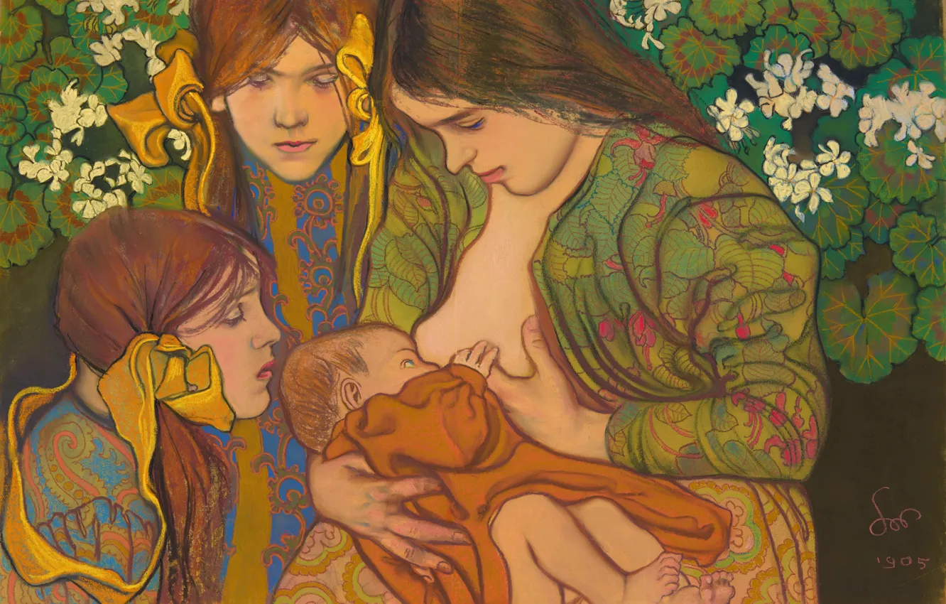 Photo wallpaper chest, girl, picture, three, baby, motherhood, Stanislav Mateusz Ignacy Wyspiansky, Stanisław Wyspianski