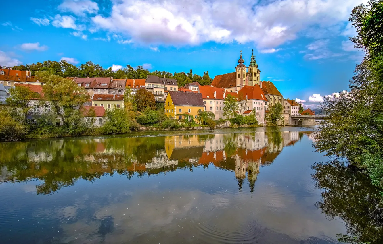 Photo wallpaper water, landscape, reflection, river, building, Austria, Austria, Steyr
