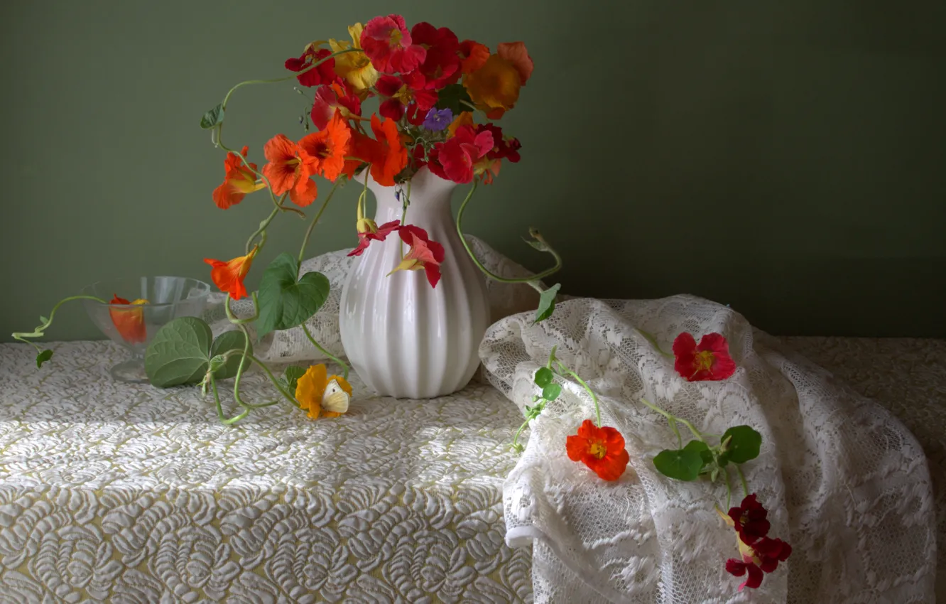 Photo wallpaper flowers, table, bouquet, still life, composition, tulle, nasturtium