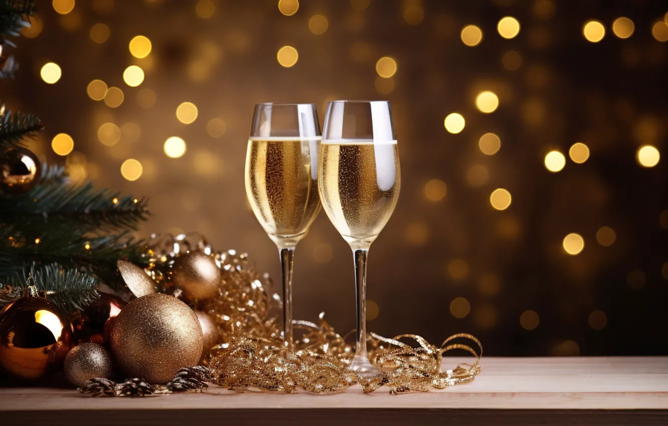 Photo wallpaper decoration, gold, balls, glass, tree, new year, golden, champagne