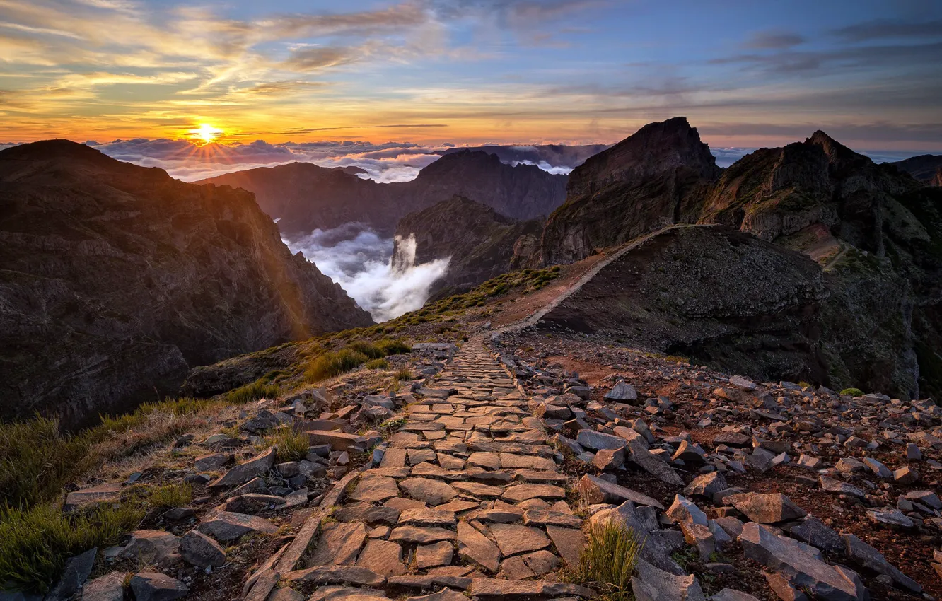 Photo wallpaper sunset, mountains, Madeira, Wonders