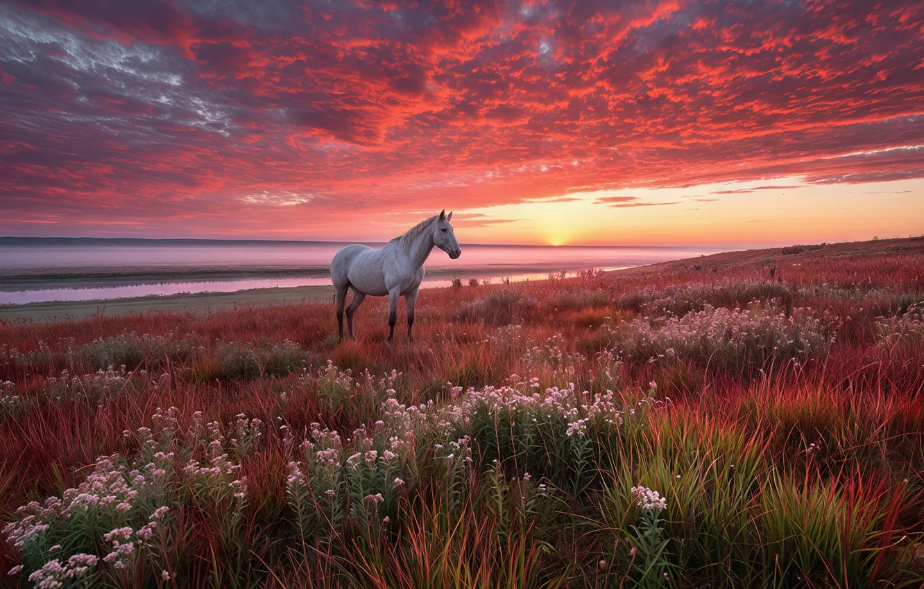 Photo wallpaper field, sunset, flowers, horse, horse, beauty, space, Summer evening