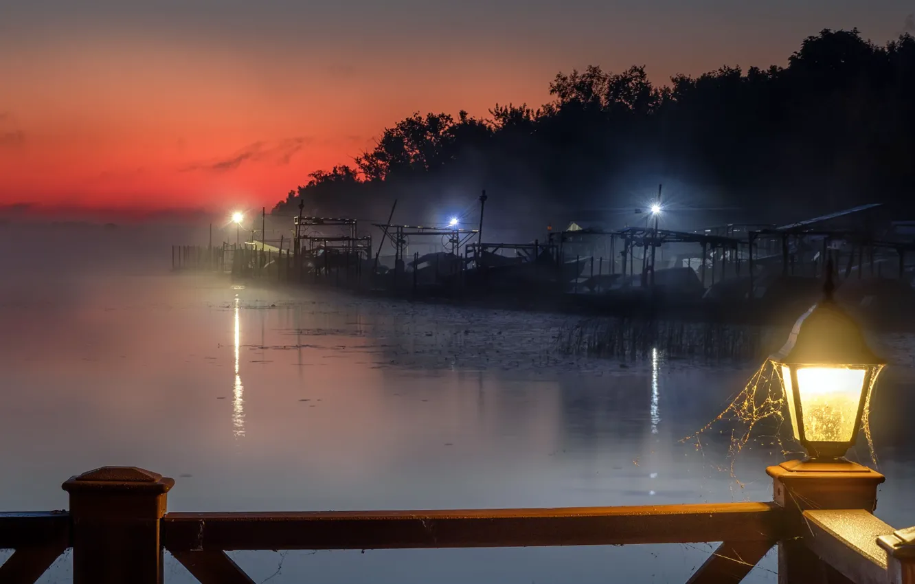 Photo wallpaper forest, landscape, nature, lights, fog, boats, the evening, lighting