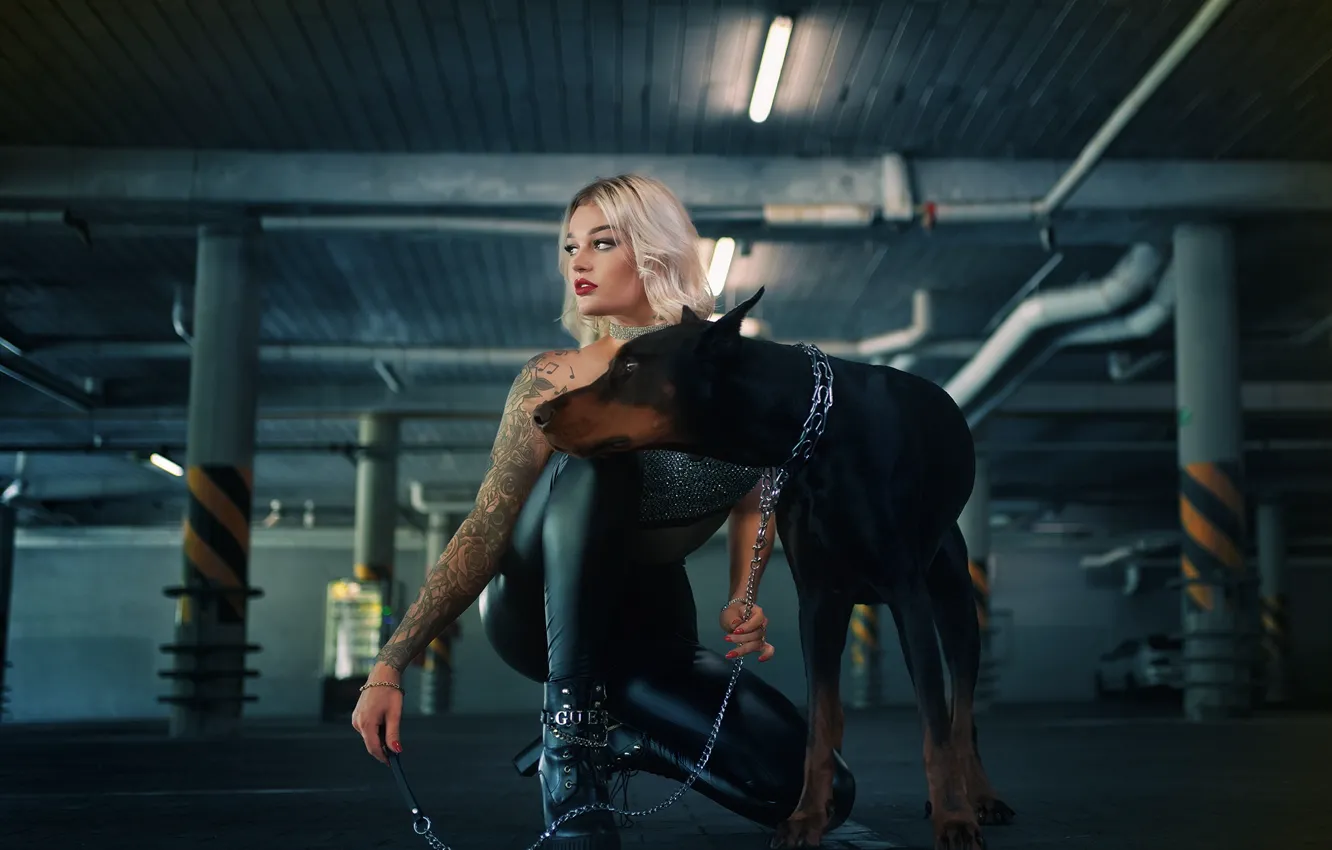 Photo wallpaper pose, model, dog, tattoo, blonde, Parking, beauty, Andrzej Czar