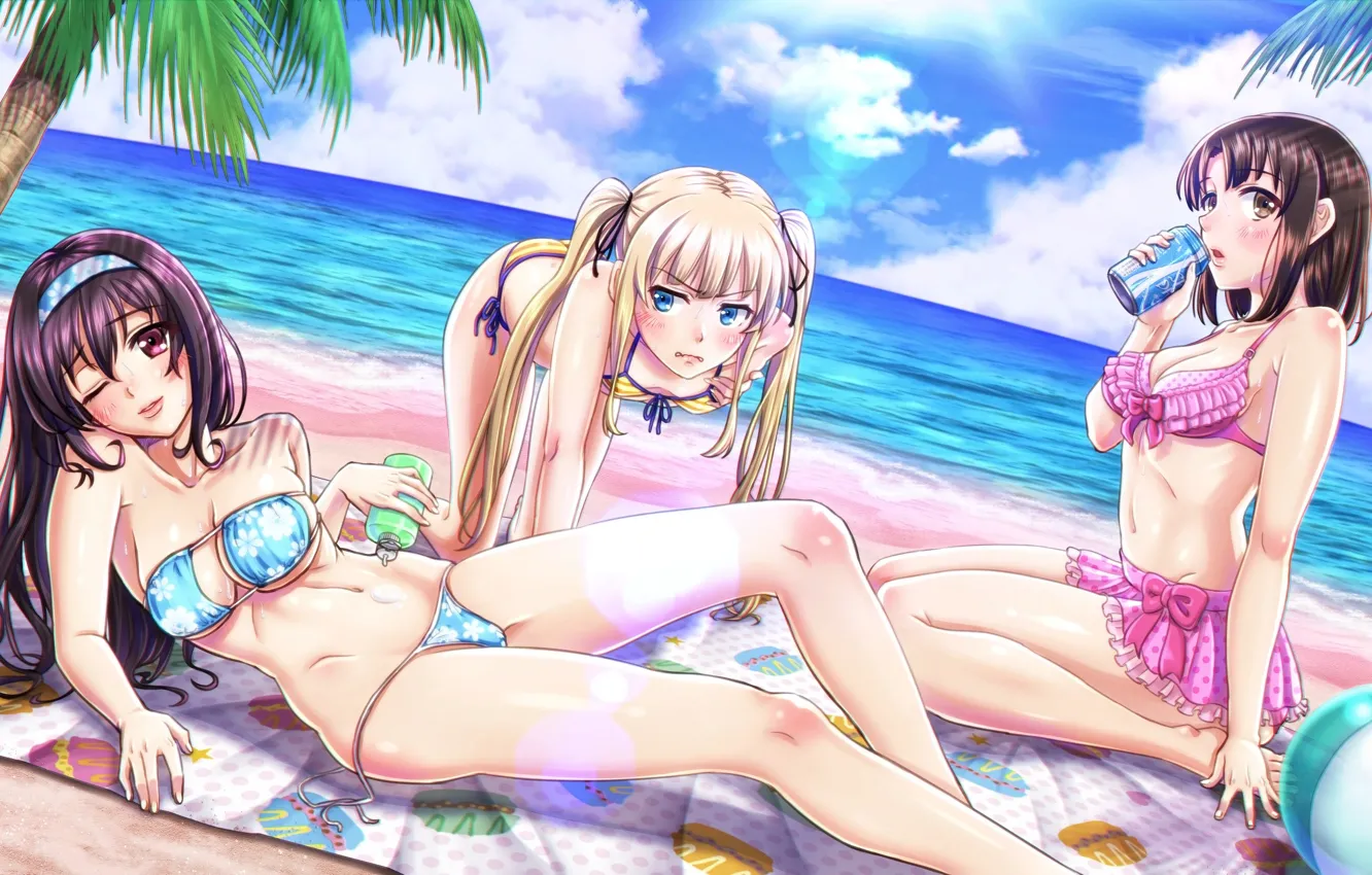 Photo wallpaper girl, sexy, cleavage, beach, long hair, sea, boobs, anime