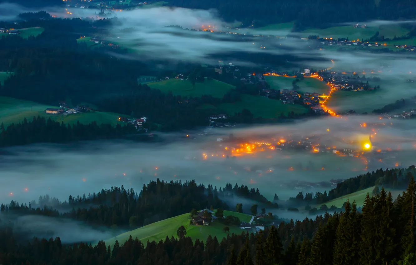 Photo wallpaper field, forest, trees, lights, fog, home, the evening, Austria