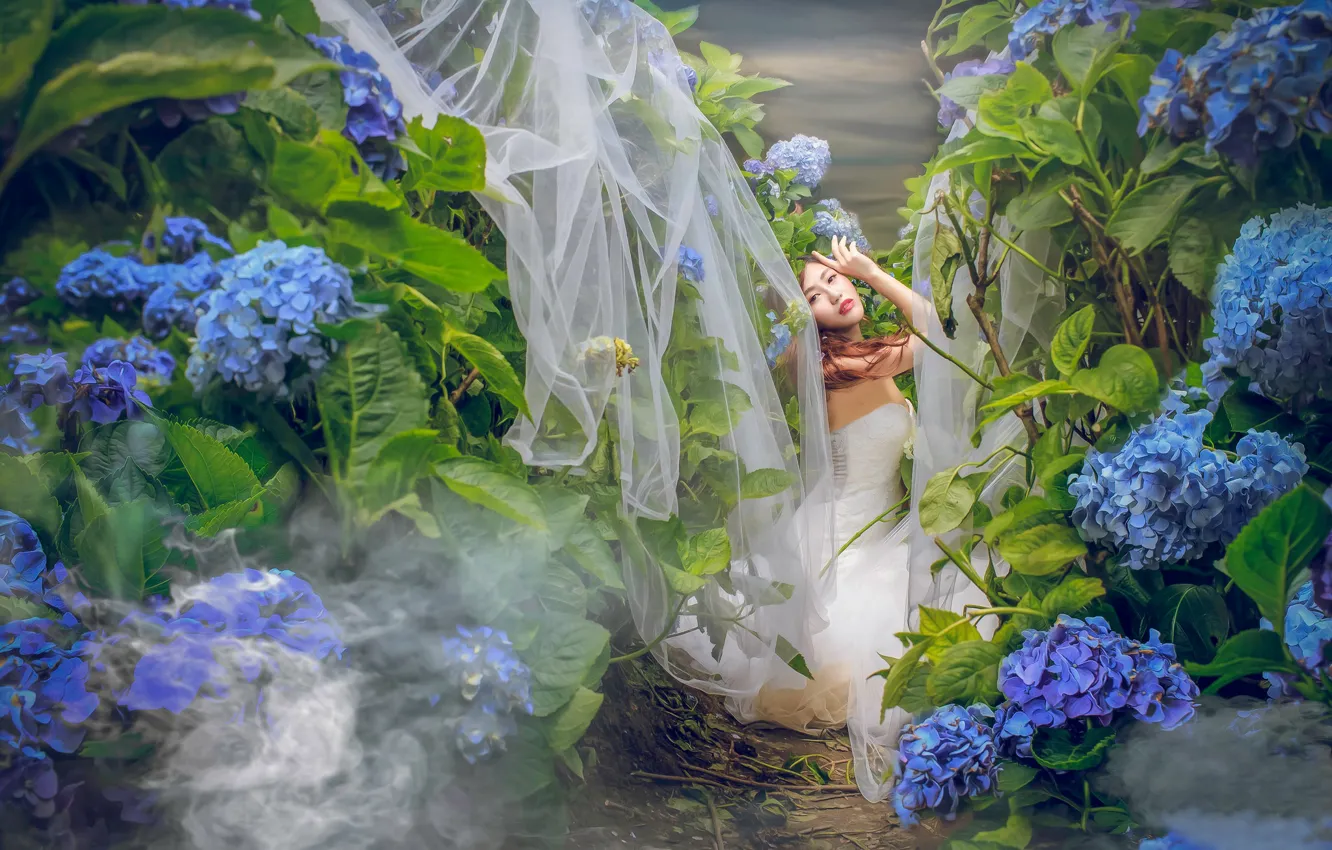 Photo wallpaper flowers, pose, mood, thickets, Asian, the bride, wedding dress, hydrangea