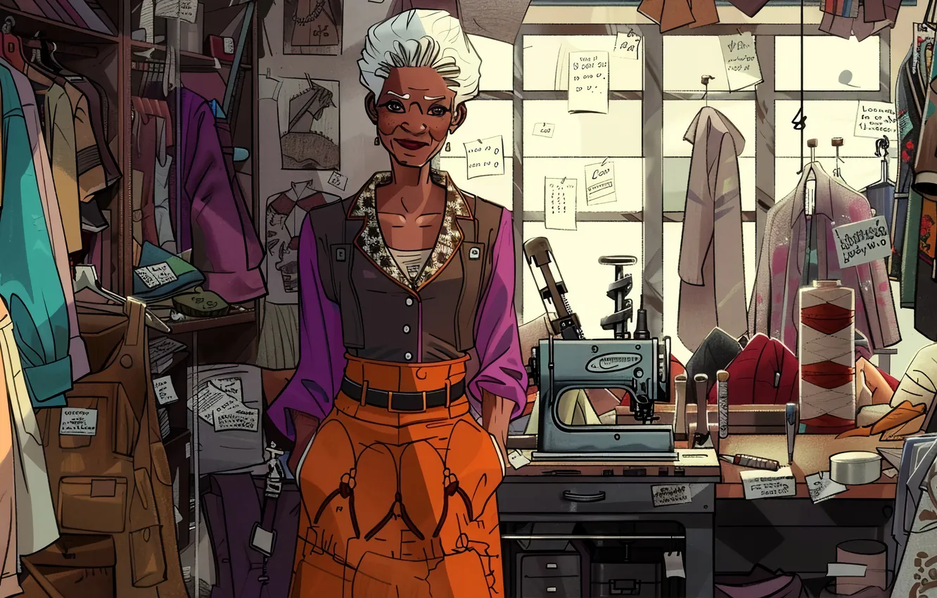 Photo wallpaper look, smile, table, clothing, grandma, designer, seamstress, digital art