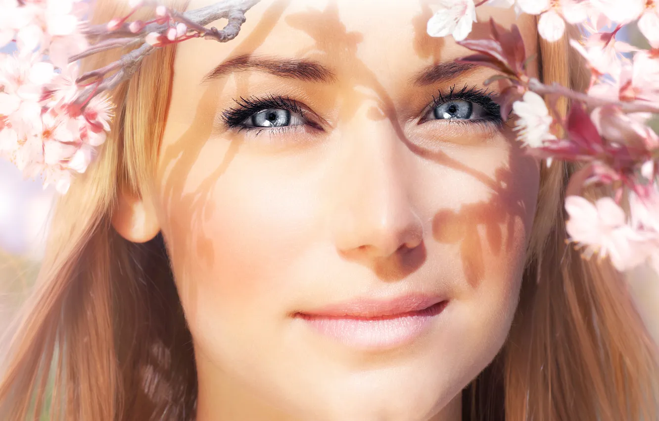 Photo wallpaper look, girl, flowers, smile, spring, blue-eyed