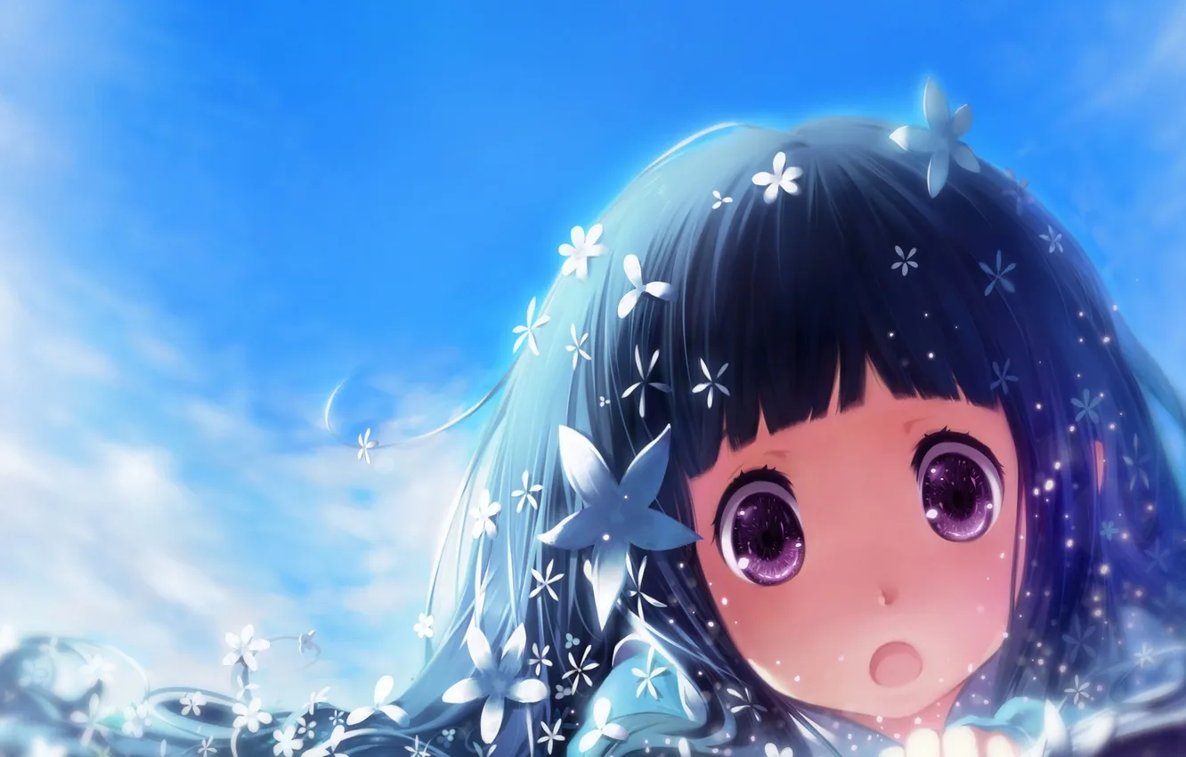 Photo wallpaper the sky, girl, clouds, flowers, looking at the viewer