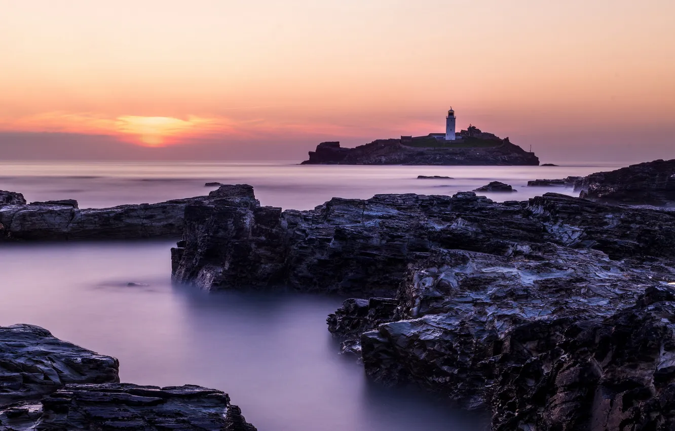 Photo wallpaper sea, landscape, sunset, rocks, lighthouse