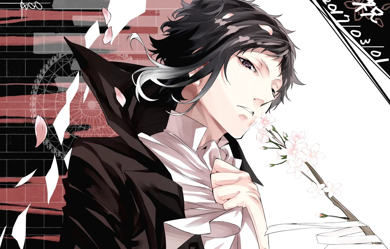 Photo wallpaper look, flowers, background, guy, Bungou Stray Dogs, Stray Dogs: A Literary Genius, Akutagawa Ryunoske, Akutagawa …