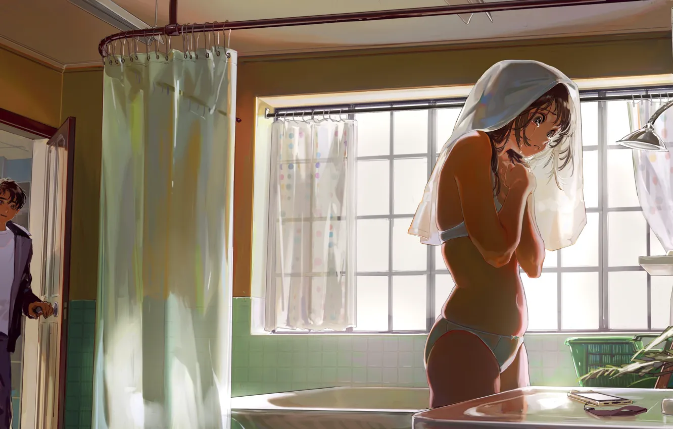 Photo wallpaper the accident, underwear, curtains, phone, window, in the bath, embarrassment, voyeurism