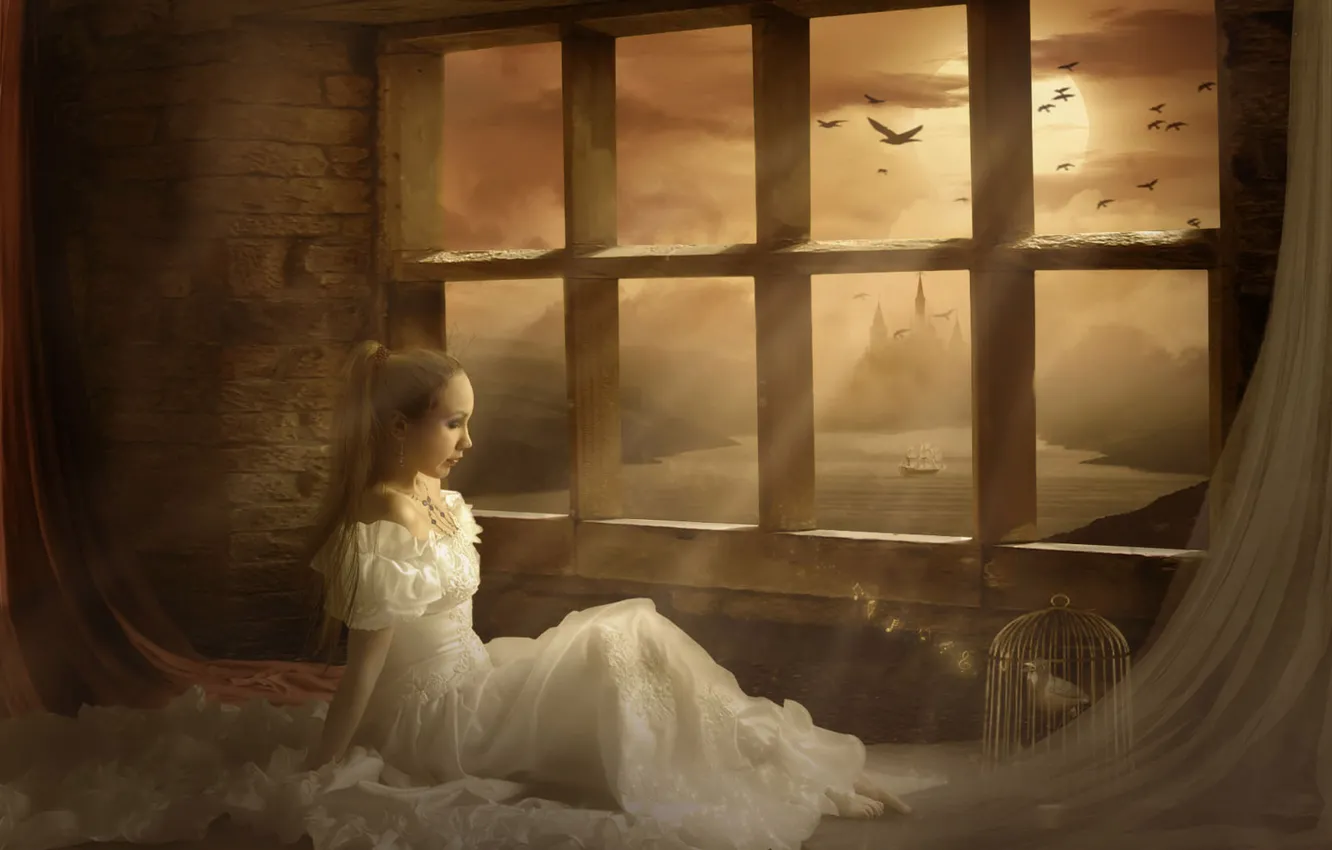 Photo wallpaper girl, castle, dress, window, curtains