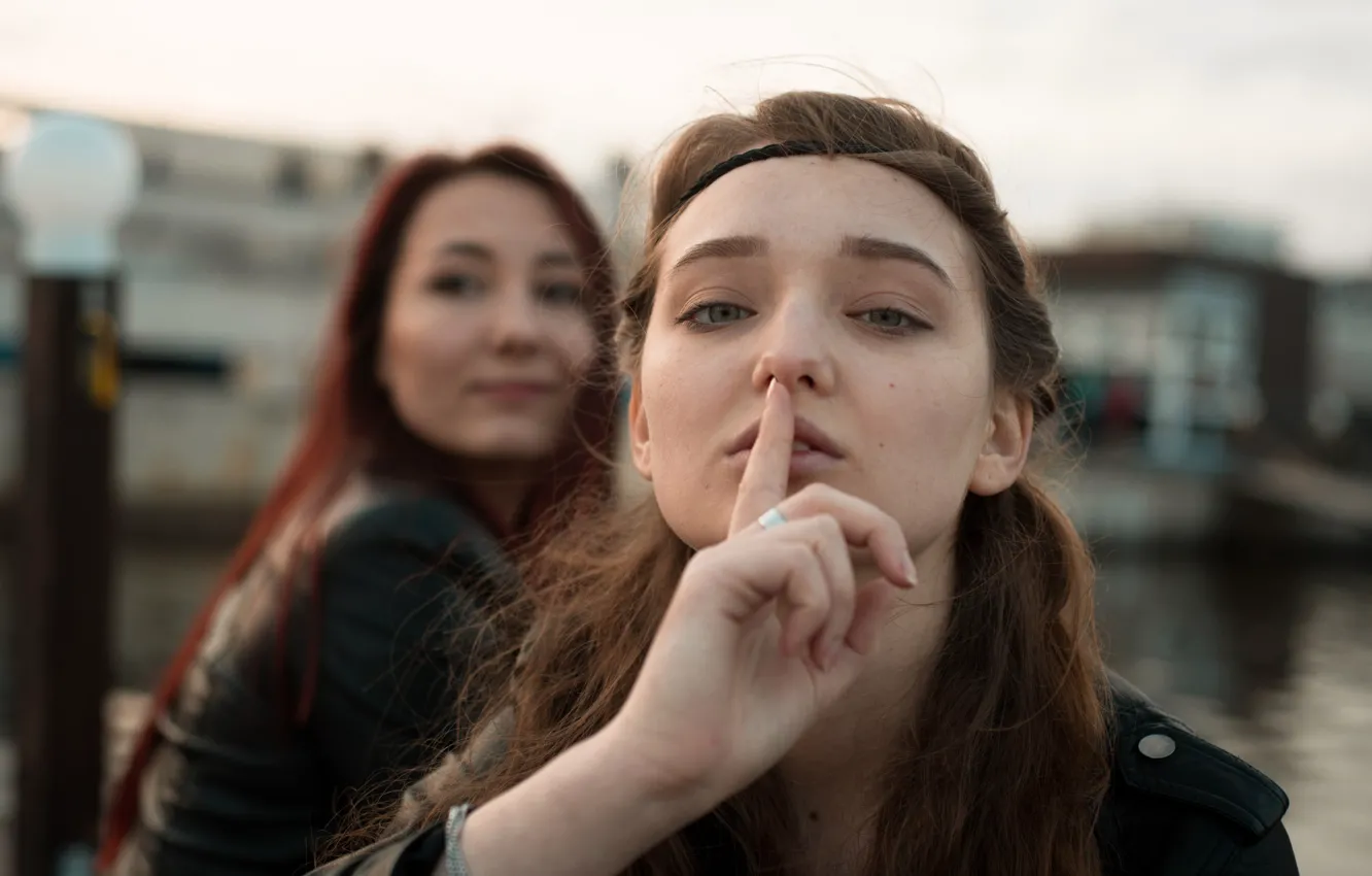 Photo wallpaper look, two girls, gesture, the sign of silence
