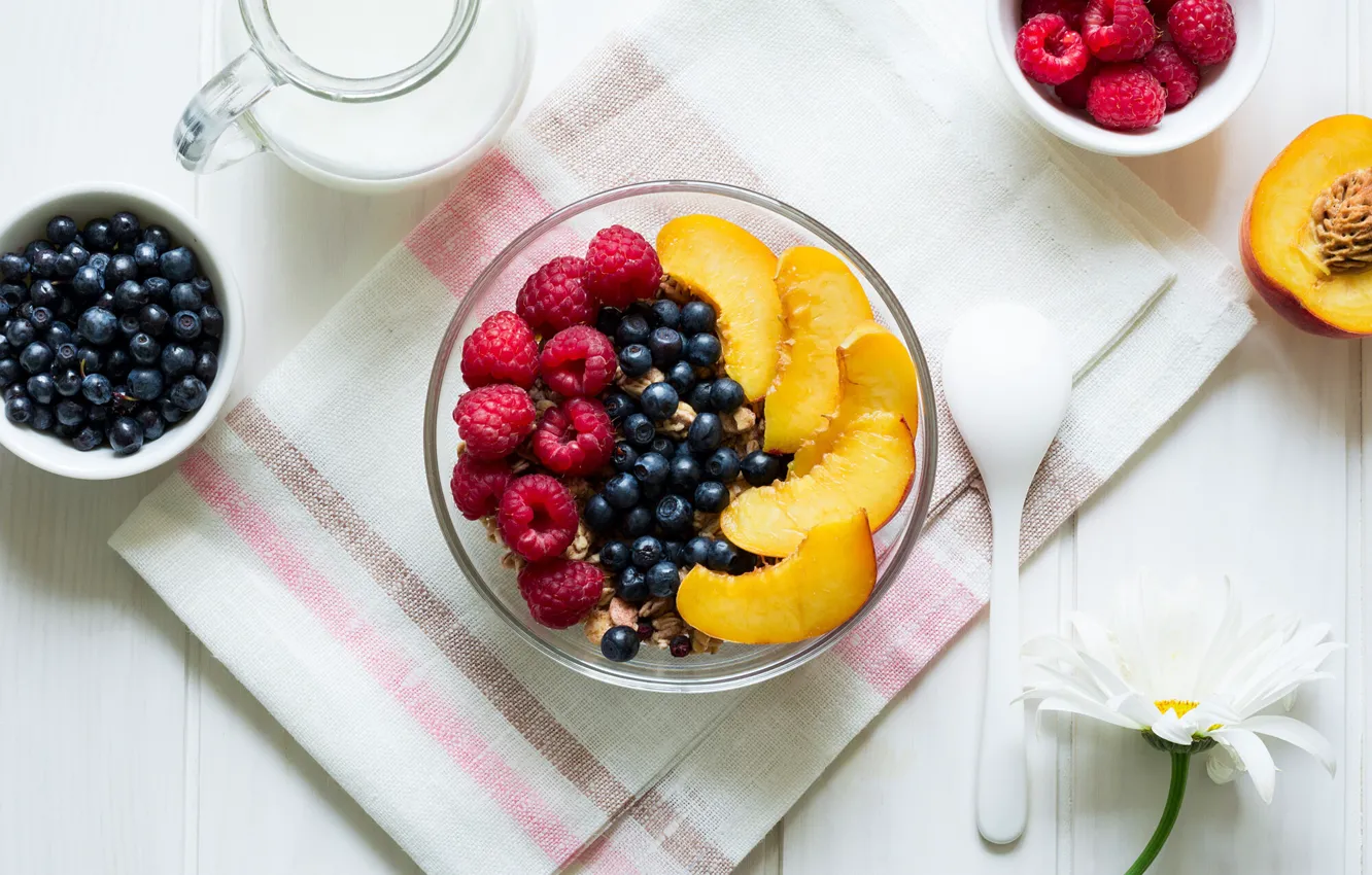 Photo wallpaper berries, raspberry, milk, blueberries, fruit, peaches