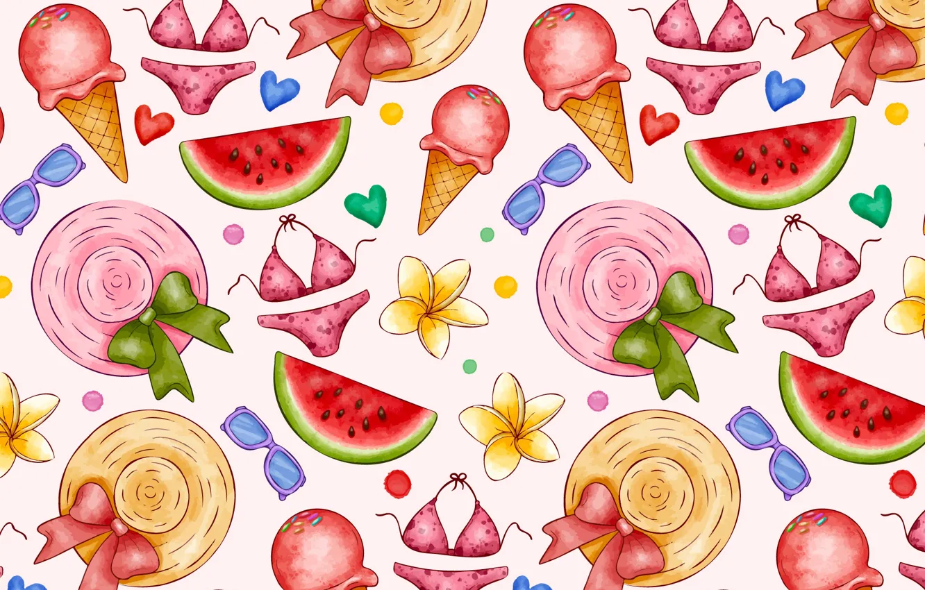 Photo wallpaper swimsuit, summer, flowers, texture, hat, watermelon, pattern, ice cream