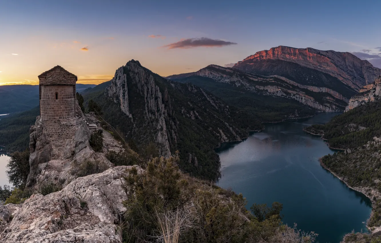 Photo wallpaper landscape, sunset, mountains, nature, river, gorge, Spain, Catalonia