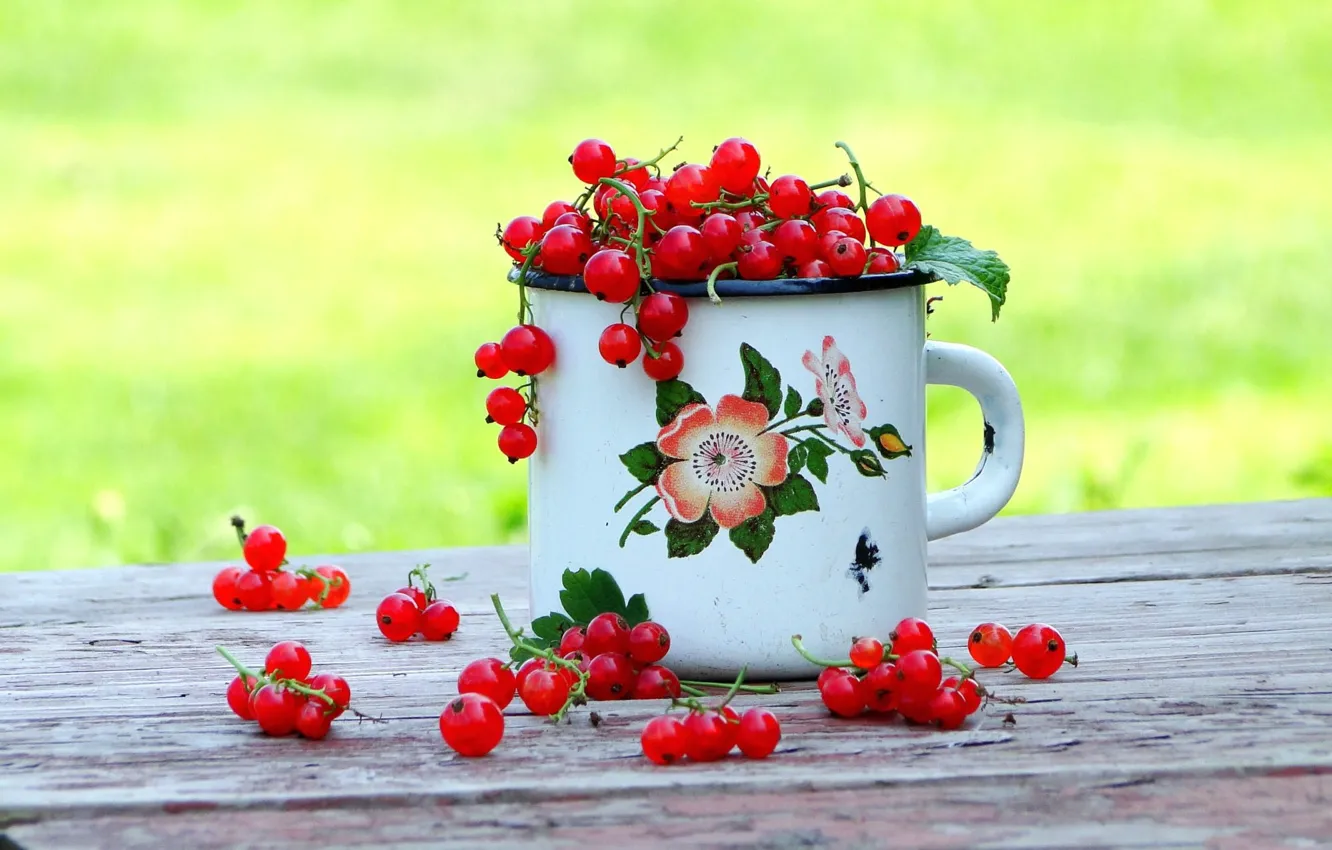 Photo wallpaper macro, red, nature, berries, mug, currants