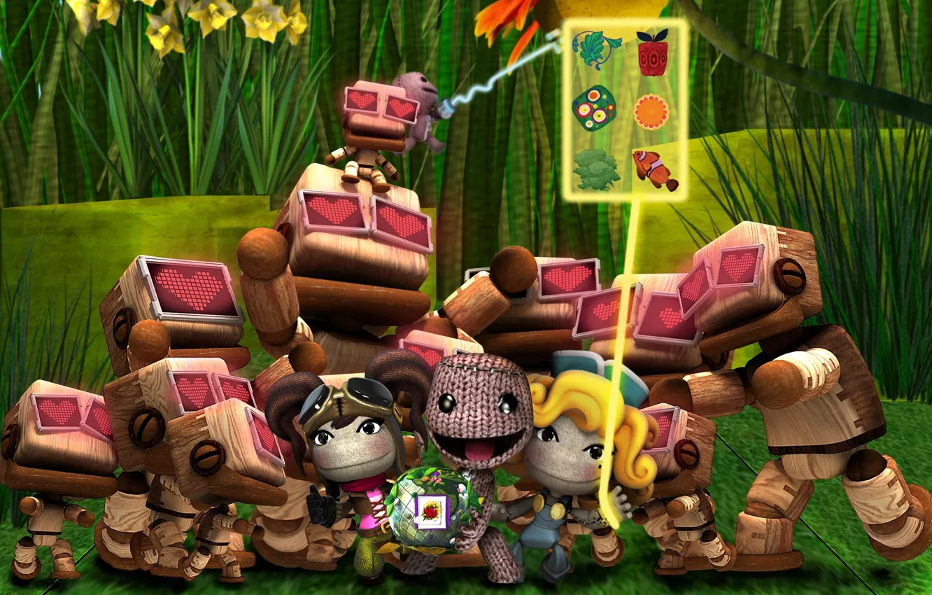 Photo wallpaper flowers, men, robots, hearts, figures, console game, Little Big Planet 2, console game