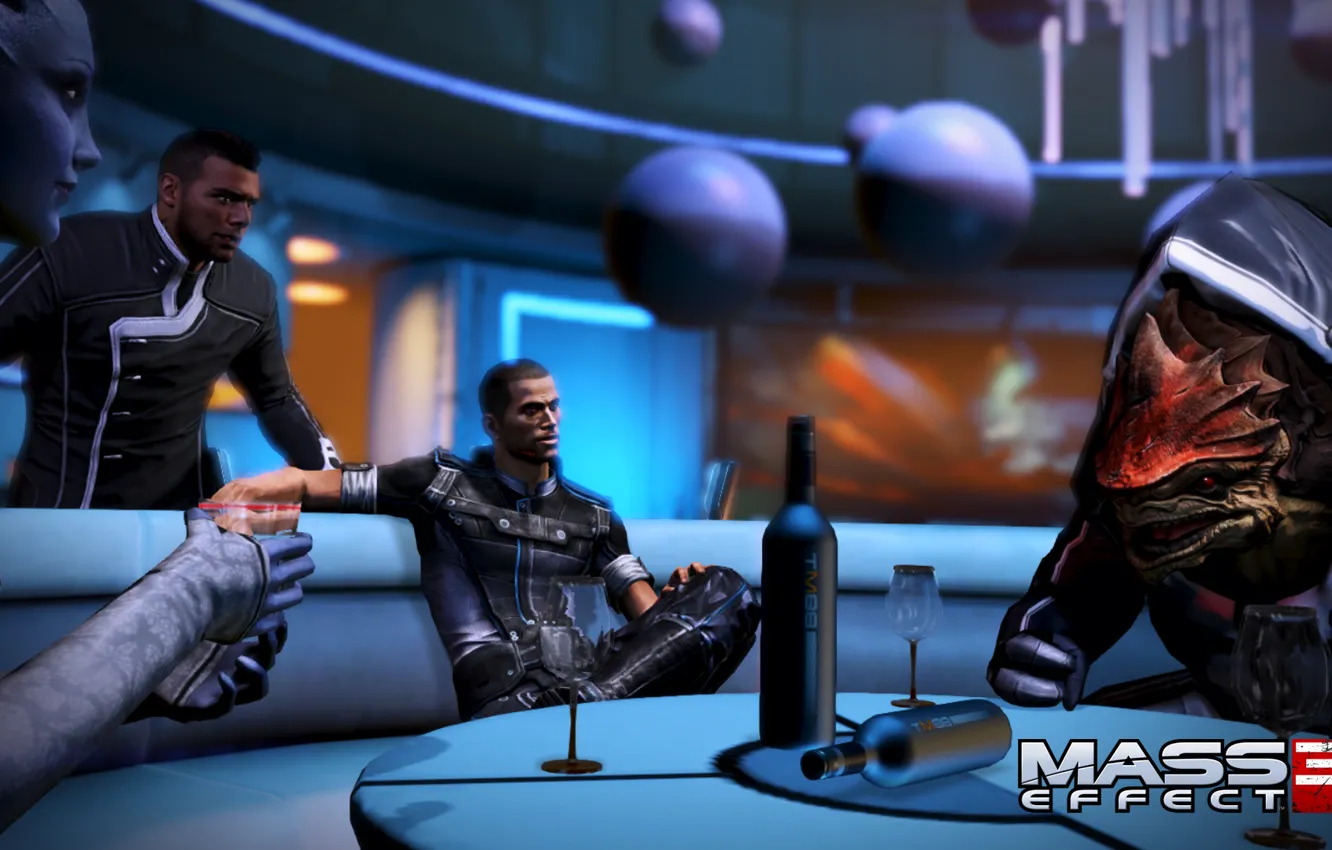 Photo wallpaper Shepard, Mass Effect 3, Urdnot Rex, DLC “Citadel”, Liara T Soni, Booze, James VEGA